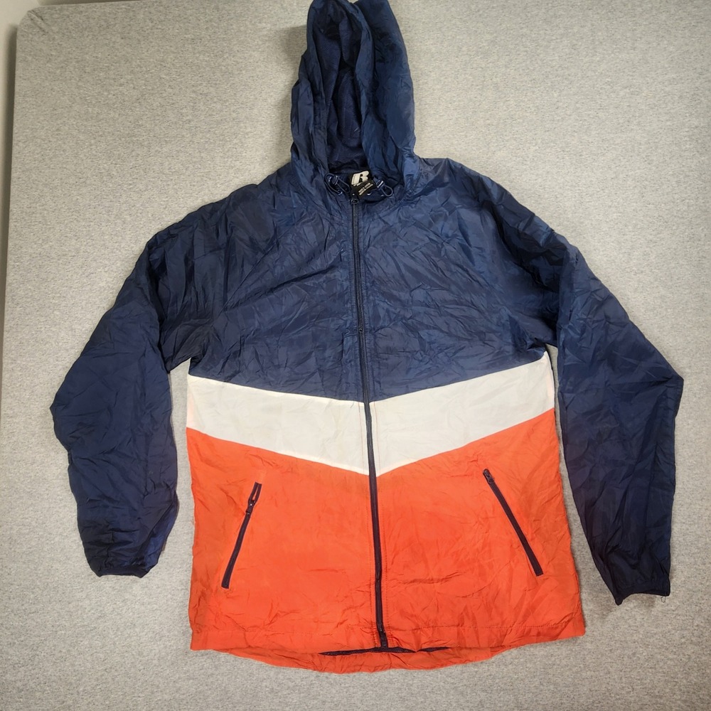 Russell Windbreaker Jacket Mens Medium Blue White Orange Fair Colorblock Ripstop